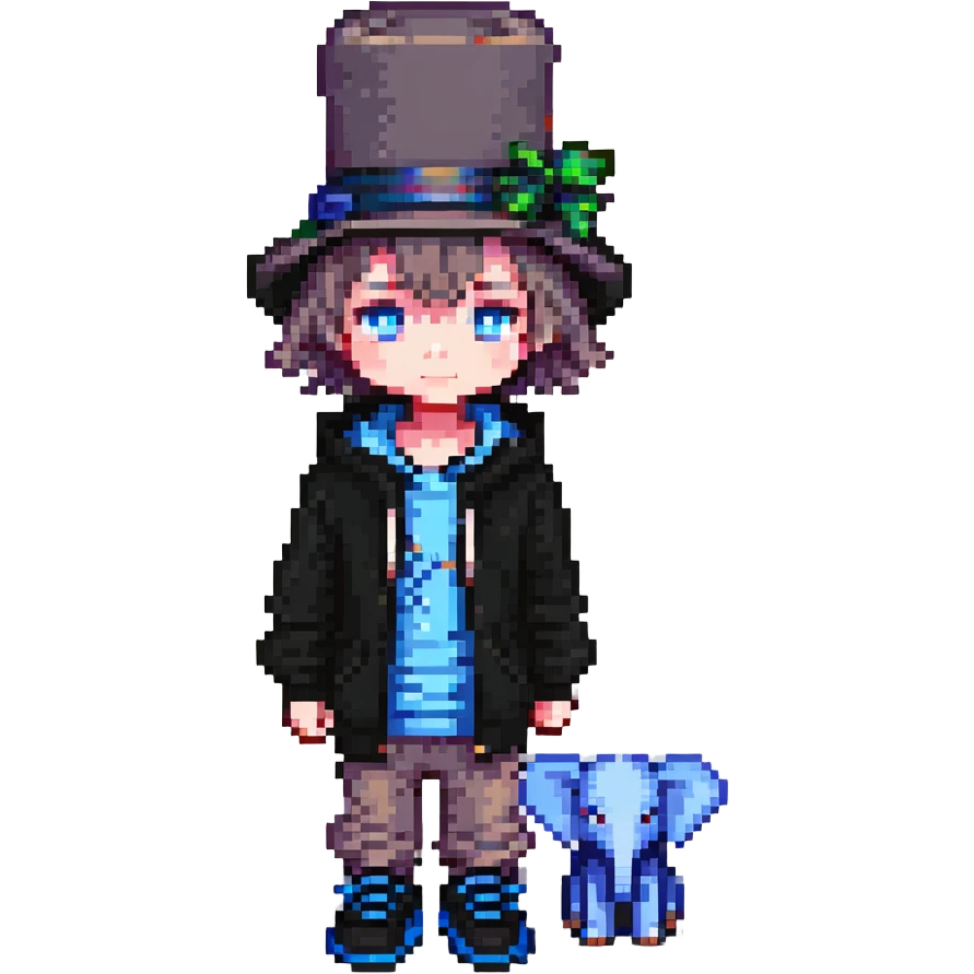 pixel art kid with blue eyes, hoodie containing an elephant, black shoes, and a top hat emoji