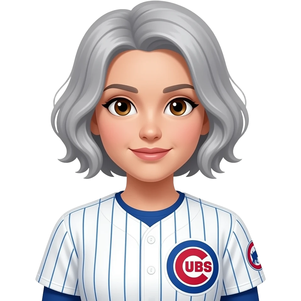 Chicago cubs player woman, very short wavy gray hair, brown eyes emoji