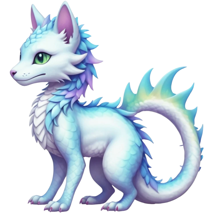 Kawaii white pastel iridescent beautiful pretty elegant divine edgy fantasy feline-vernid-sergal-Haku-dragon-fursona animal creature with a tufted tail full body with intricate markings  emoji