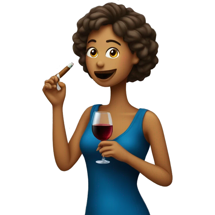 Una chica riéndose mucho con un cigarro y un vino emoji