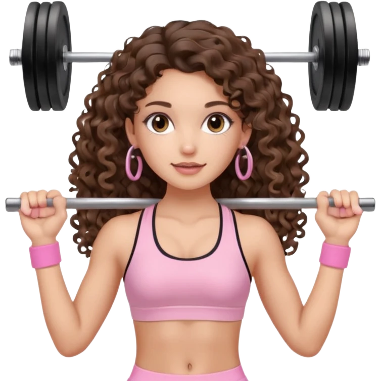 cute balayage brunette long hair curly/wavy haired girl, hoop earrings, clean girl makeup DOING EXERCISE with weights with a cute pastel pink set emoji