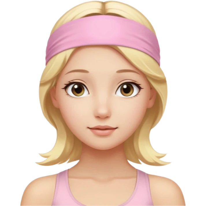 close-up of a beautiful angelic blonde girl's face, radiant and peaceful look, light pink yoga headband emoji