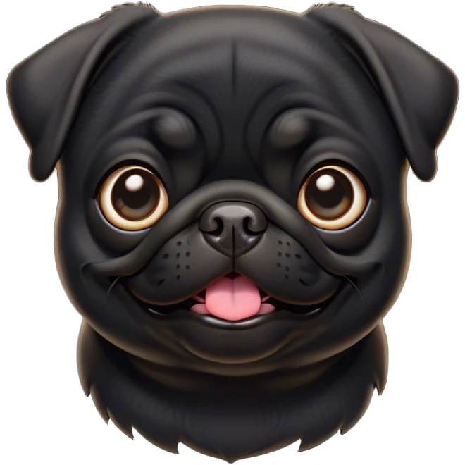 Cinematic Comical Black Pug Portrait Emoji, Head tilted dramatically with an exaggeratedly amused expression, featuring a sleek black coat with a glossy finish, wide, expressive dark eyes filled with playful disbelief, Simplified yet hilariously expressive features, highly detailed, glowing with a slightly sassy glow, high shine, dramatic yet playful, stylized with an air of cheeky mischief, bright and endearing, soft glowing outline, capturing the essence of a spirited and over-the-top companion, so meme-worthy it feels like it could side-eye its way into internet fame instantly! emoji