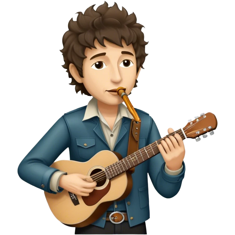Icon for Folk Music: Bob Dylan with his harmonica and acoustic guitar, performing with his band on stage. The atmosphere should be intimate and nostalgic, capturing the soul of folk music with simple instruments and natural vibes. Transparent background. emoji