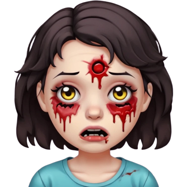 Zombie girl with bruises, she has a dark brown  short wavy hair, she has a tired expression and BLACK eyes, she has dark circles too, her mouth is ripped, make her more emoji-like.  emoji