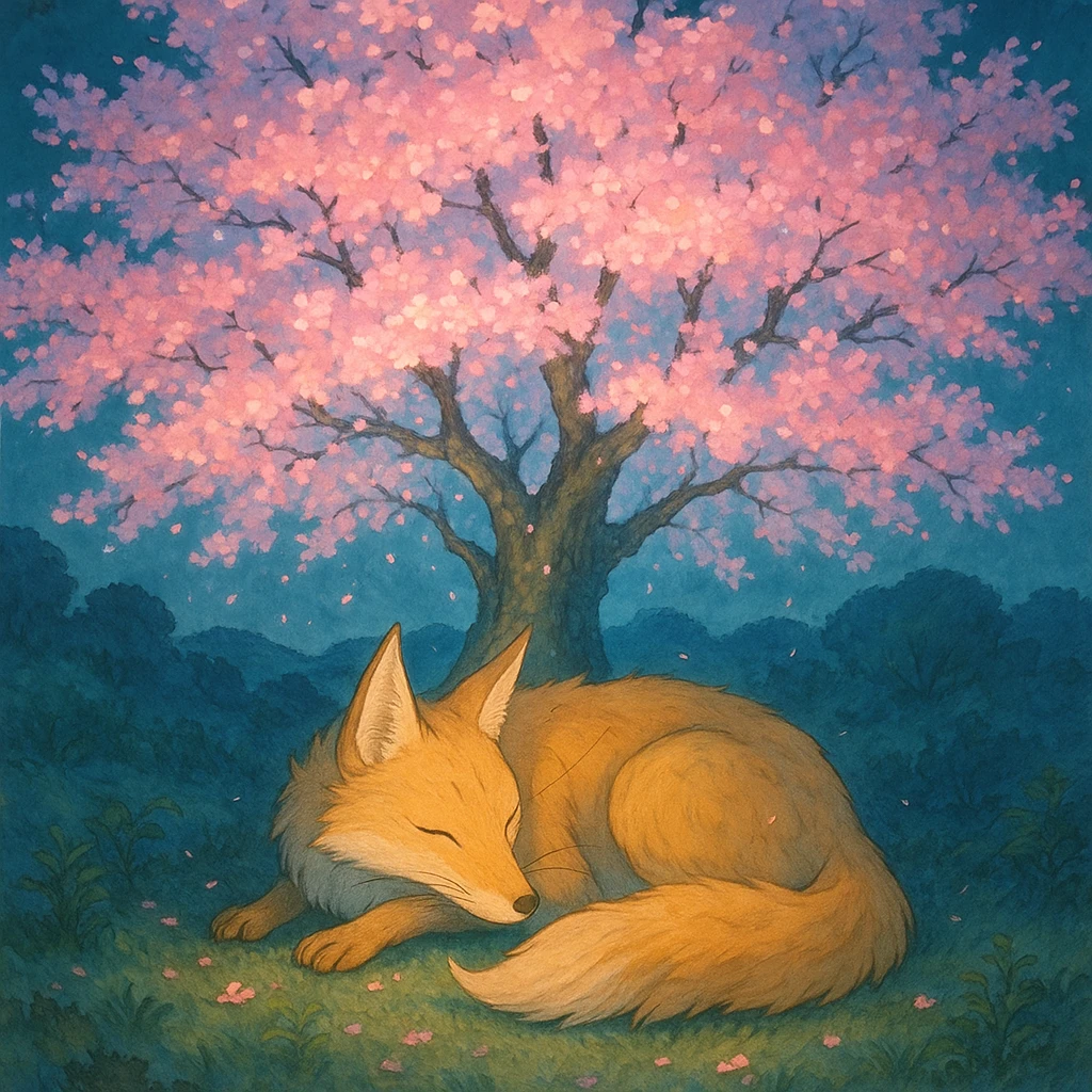 Fox spirit sleeping under a glowing sakura tree. emoji