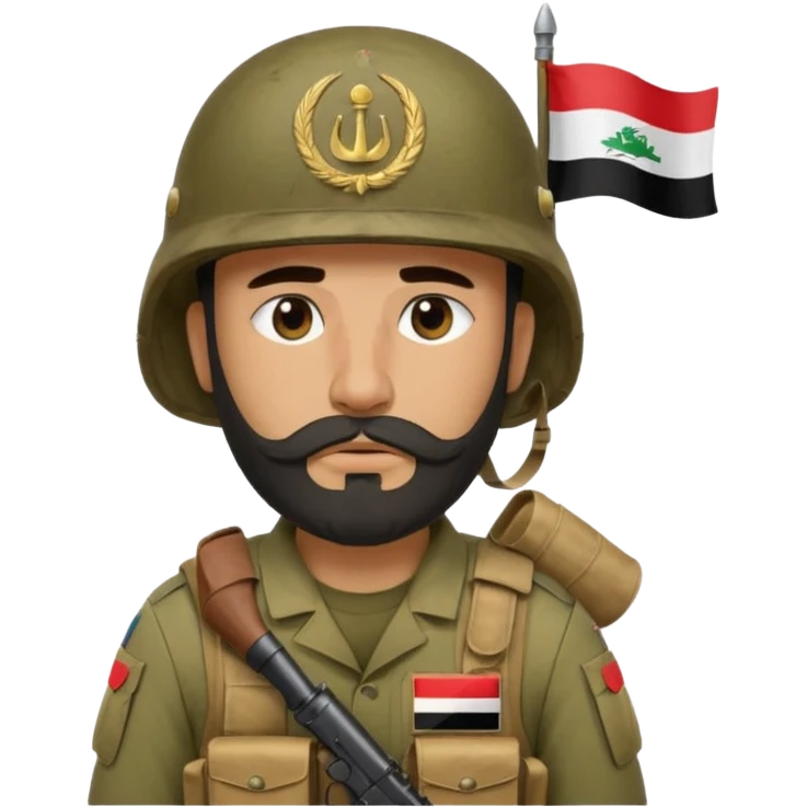 A very tired and sad, swarthy Iraqi soldier with a beard, an Iraqi flag on his helmet, a sad expression and bags under his eyes emoji