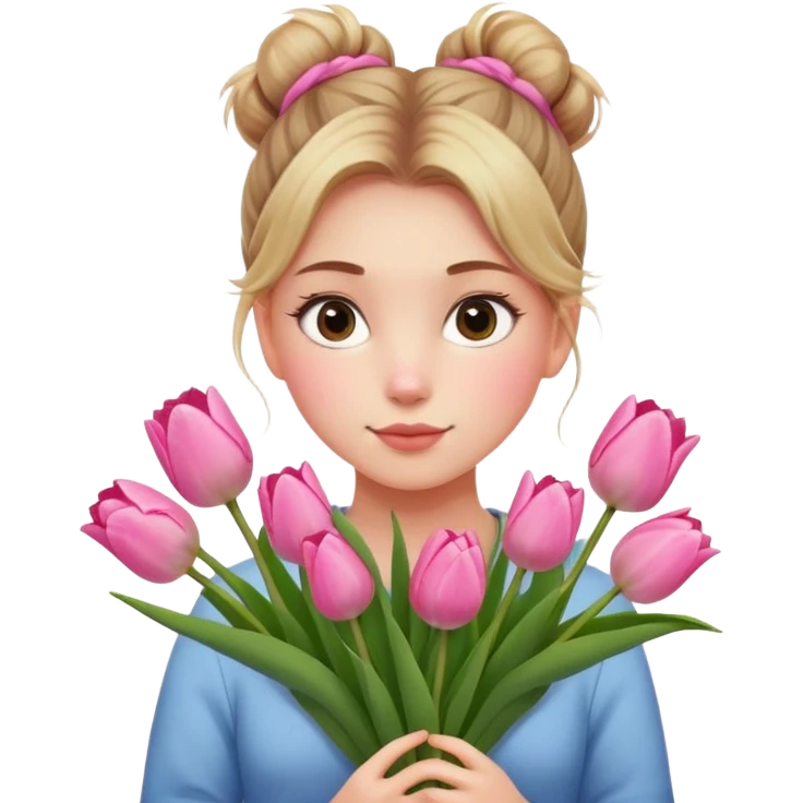 A girl with a messy bun, holding a bunch of pink tulips. emoji