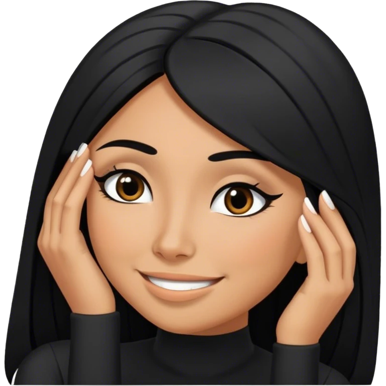 beautiful woman boss, with long straight black hair, with make up, black eye liner, smile, mexican, brown skin, wearing beautiful sexy black outfit, she’s posing her head in her hands shés shy emoji
