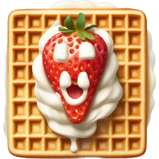 square waffle with a small dollop of whipped cream and strawberries on top emoji