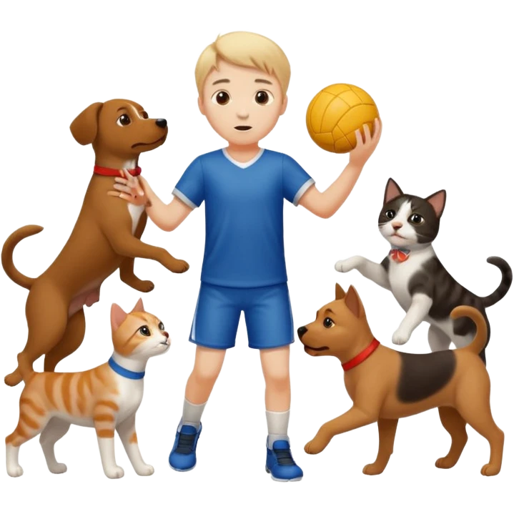 ragazzo basso  che gioca a pallamano circondato da cani e gattu emoji