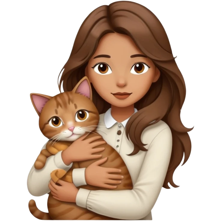 Fashionable girl with stylish outfit and long slightly wavy hair and hugging a cat emoji