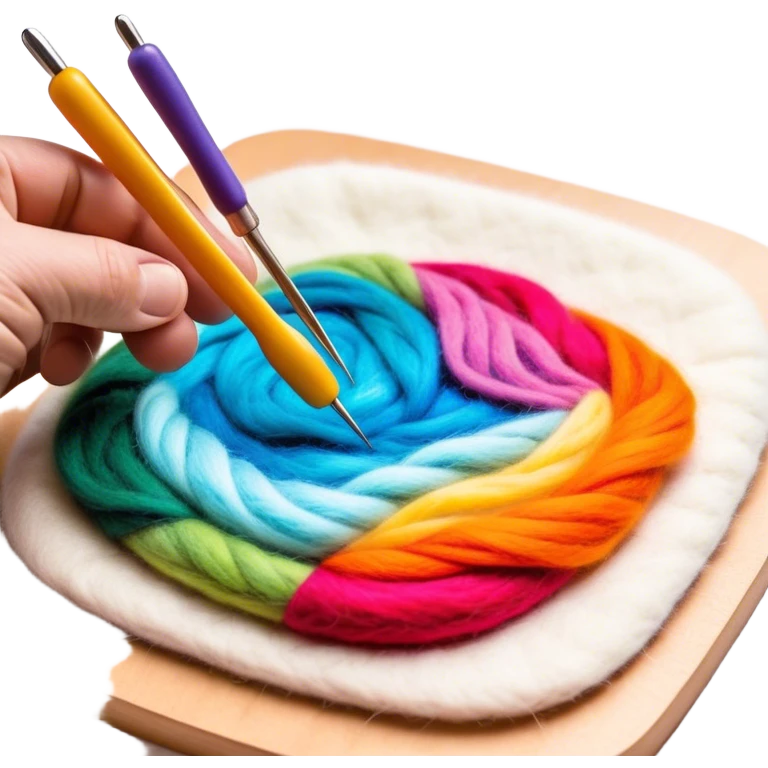Felt art creation icon, layers of colorful felt being carefully shaped with felting needles into a picture or decorative design, visible hand tools like felting needles, no finished artwork, just the process of felting, minimalistic style, clean lines, transparent background. emoji
