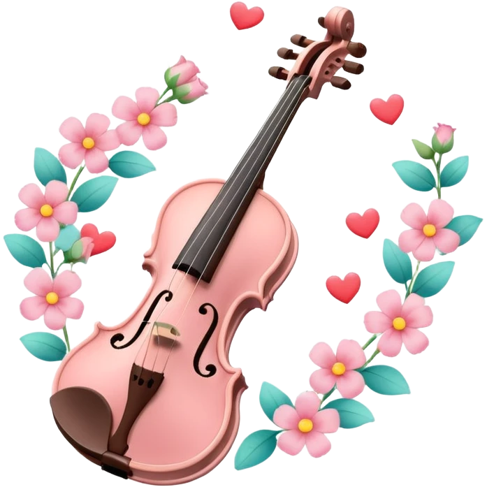 A romantic pastel violin with heart above, and some flower petals scattered around emoji