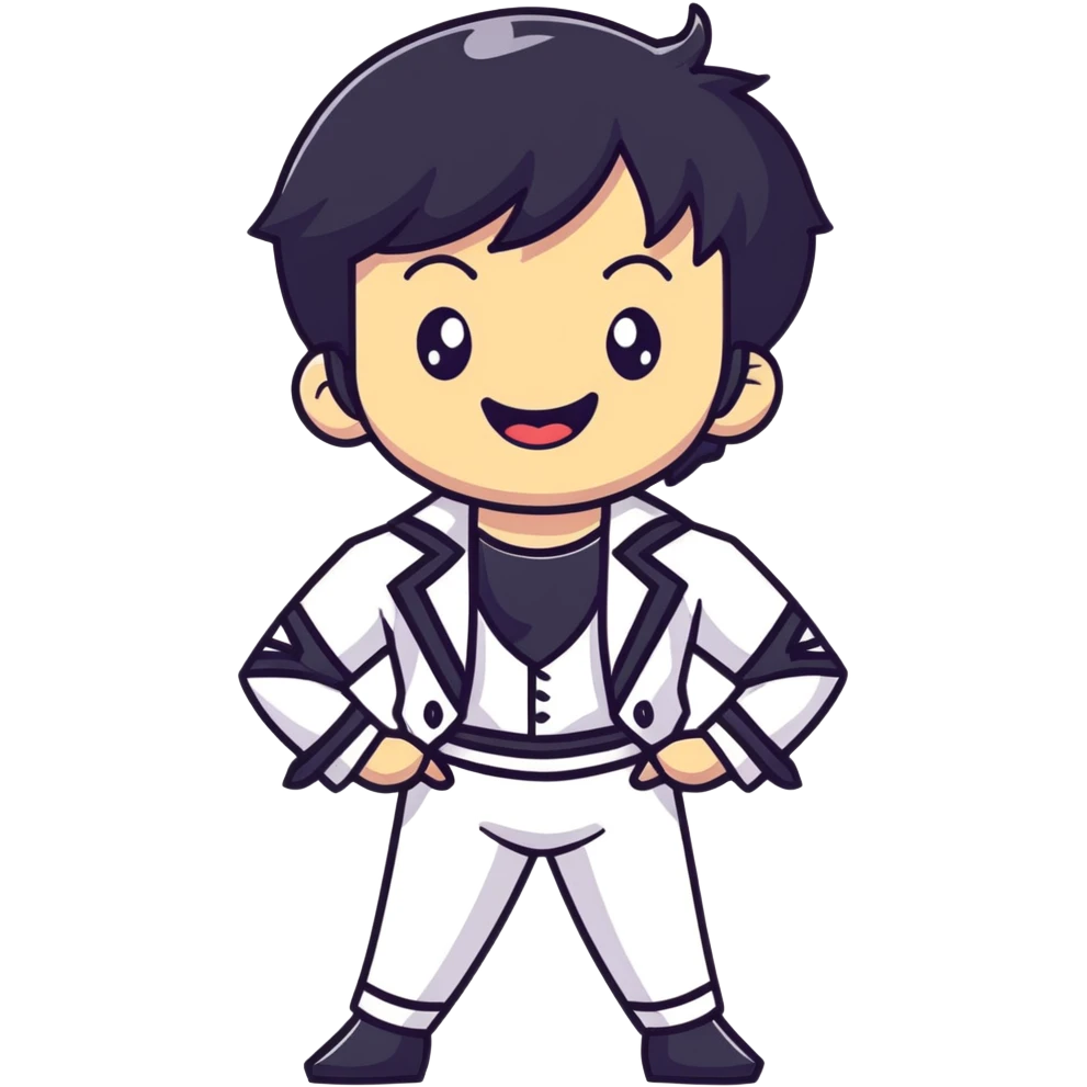 K-pop male idol with black hair, big smile, wearing stylish stage performance costume emoji