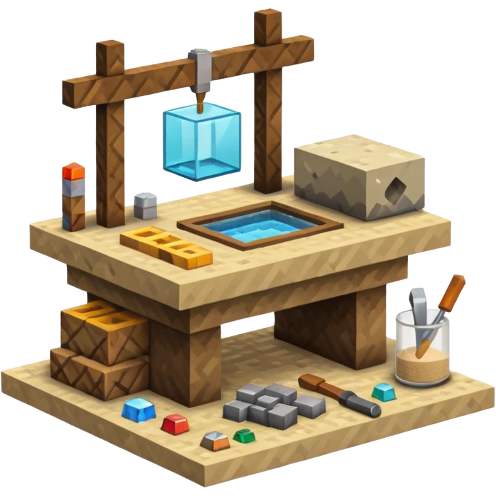 minecraft crafting station with tools, stone, wood, glass, sand, ... emoji