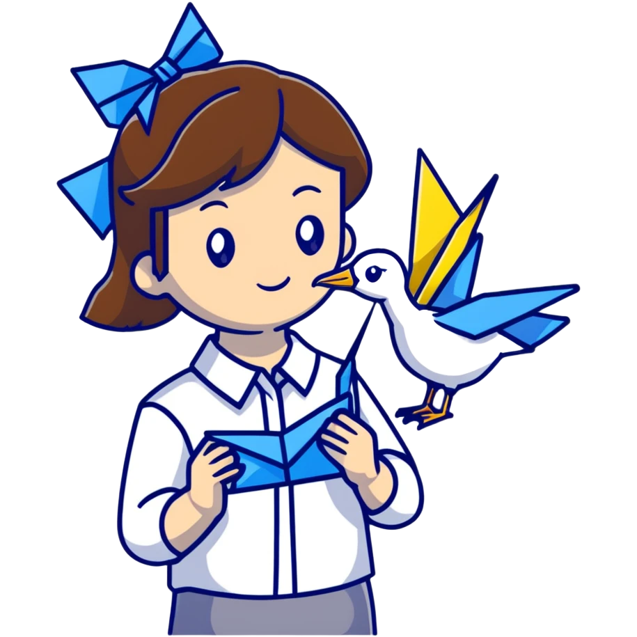 Ukrainian young girl with brown hair wearing a white embroidered shirt holds an origami yellow-blue crane emoji