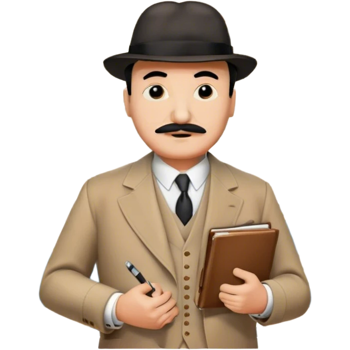 A cinematic-style frame showing Hercule Poirot in his iconic suit with a notebook in a dramatic detective pose. Background should be mysterious city, map, a board with photos of suspects, clues like fingerprints. Transparent background. emoji