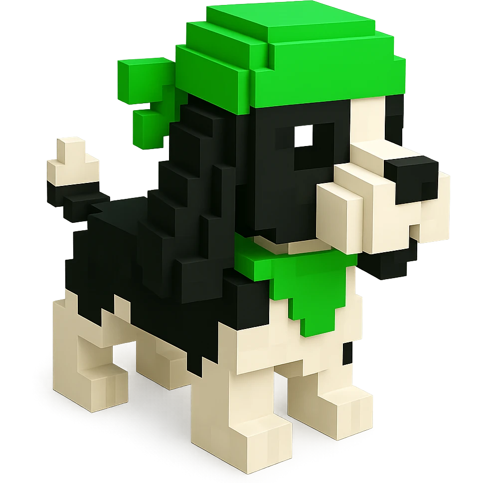 A black and white Russian Cocker Spaniel puppy wearing a green durag, voxel style, facing right emoji