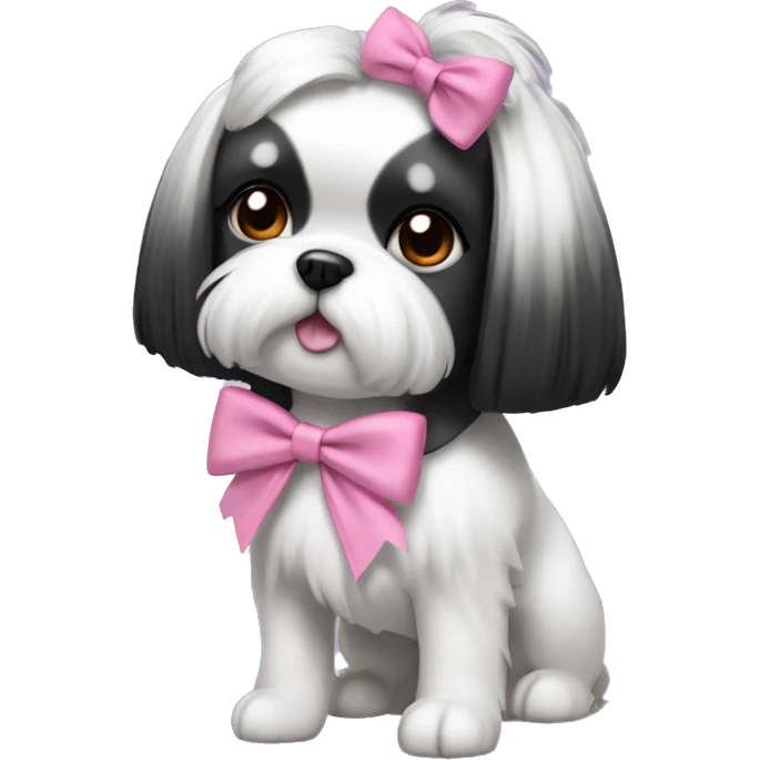 Shitzu girl dog with black and white hair, with a medium length ponytail and a pink bow to tie her hair emoji