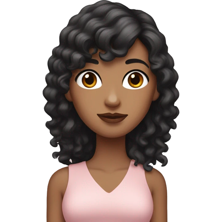 White woman with long black curly hair and bangs and dark brown eyes, wearing a pastel pink dress emoji