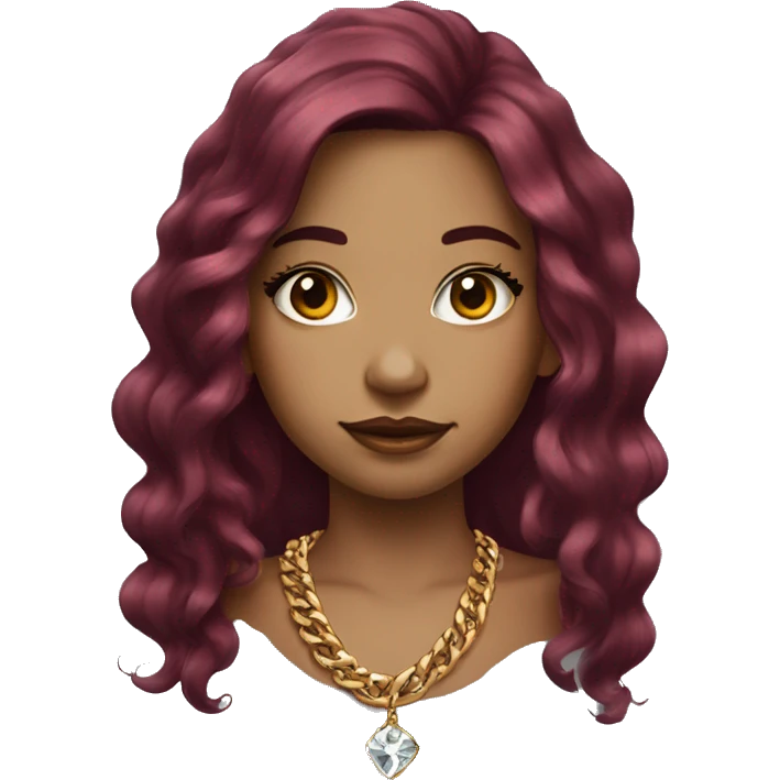 Girl with long burgundy hair, long eyelashes and has tattoos. She is wearing a gold chain necklace and diamond earrings  emoji