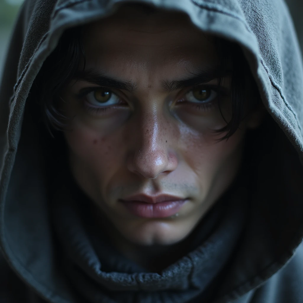 realistic fantasy style close-up detailed face of a mysterious League of Legends assassin in a hood emoji