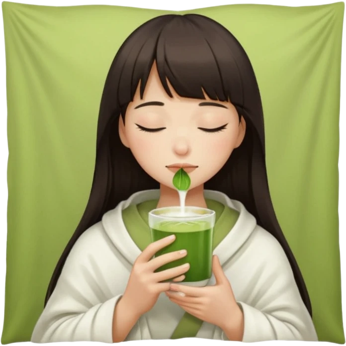 Dark brown hair with straight bang girl inside a white blanket sipping matcha eyes closed emoji