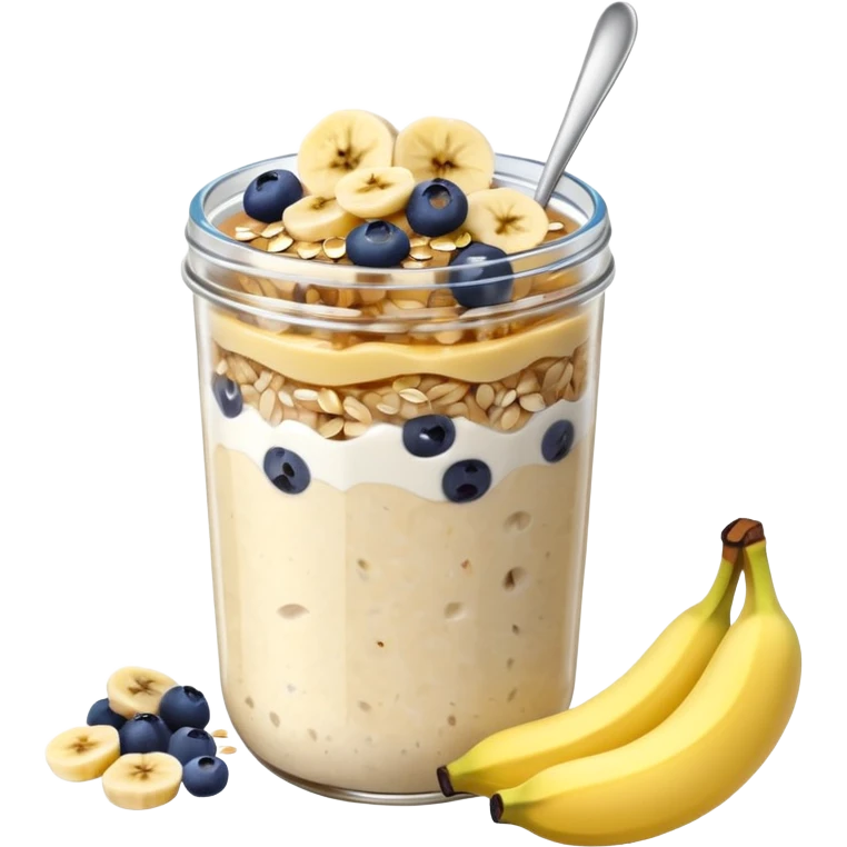 Overnight oats with banana slices,blueberries, honey, sky, chiaseeds emoji