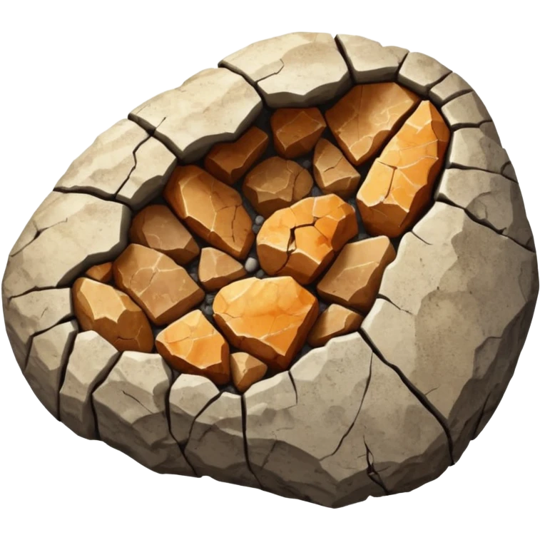 3D render of Coprolite, embedded in a chunk of rough sedimentary rock, cracked stone texture, ancient fossil aesthetic, petrified brown and grey speckled stone texture, matte dry finish, Apple emoji style, isolated on white background --v 6.0. emoji