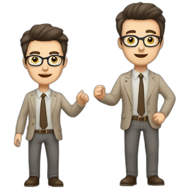 To belt Actively gesturing with hands Pale skinned fit man teacher with dark brown hair in gray jacket, beige office shirt, brown tie, brown pants and vintage glasses. emoji