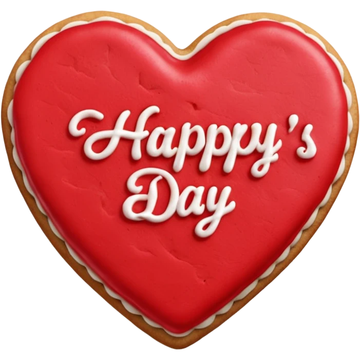 Heart-shaped cookie with red icing emoji, write 'Happy Valentine's day' on top of the red icing in white icing emoji
