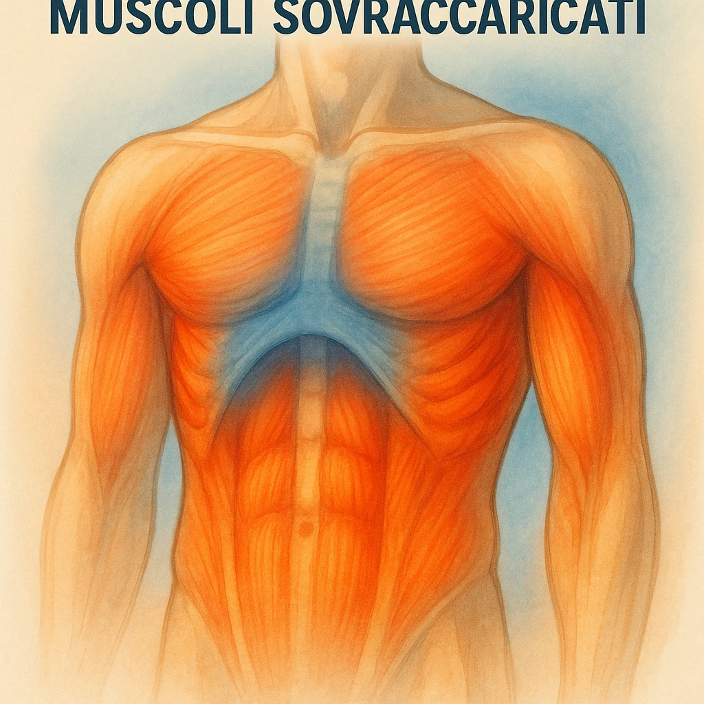 illustrazione con colori sfumati, diaframma bloccato in blu, muscoli sovraccaricati in rosso e arancione, didascalia in italiano emoji