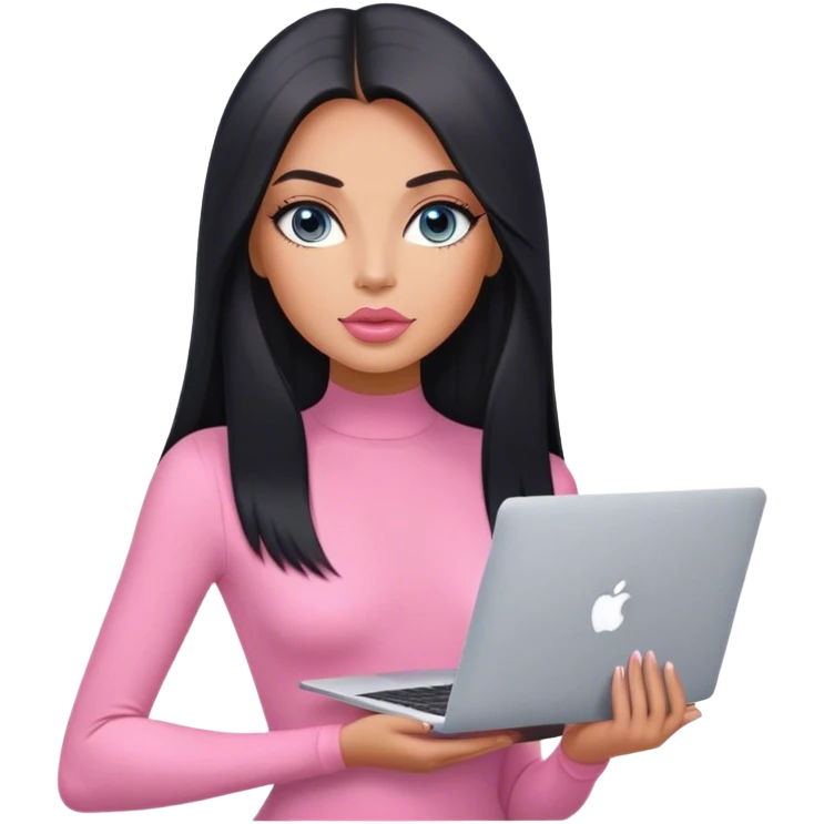 Glamours, tanned, very beautiful girl, with big pump peach-beige-rose lips, black straight smooth silky long hair, straight parting, blue-grey eyes, in pink bodysuit holding MacBook emoji