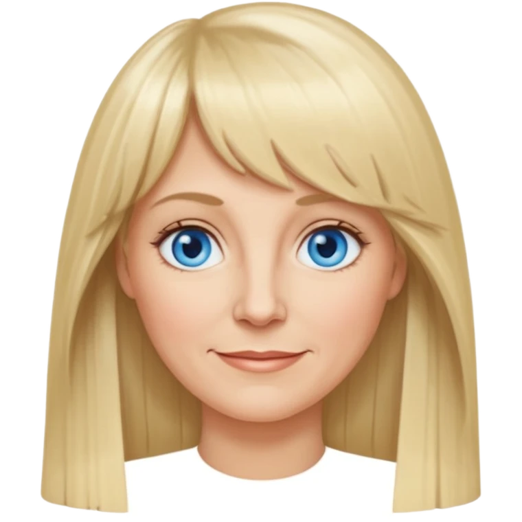50 yr old white woman, curtain bangs, very long straight blond hair, oval face, small smile, blue eyes, thin face, hair down to elbows emoji