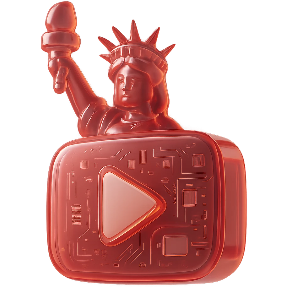 Statue of Liberty with YouTube play button, glossy circuit style emoji