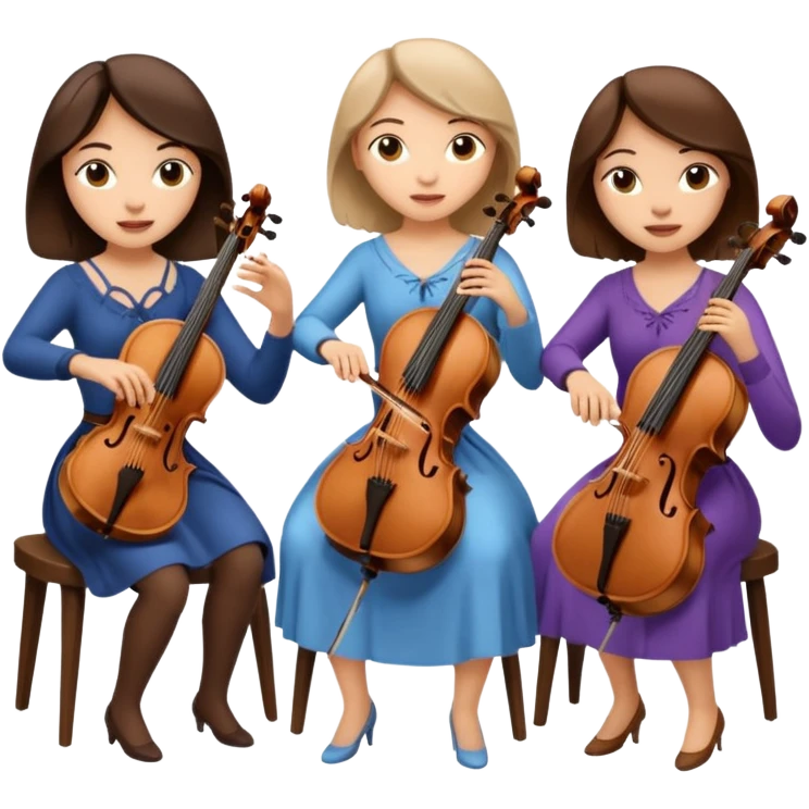 Create an imagine of three brunette women playing string instruments, the first is playing a cello, the second is playing a viola and the third is playing the violin emoji