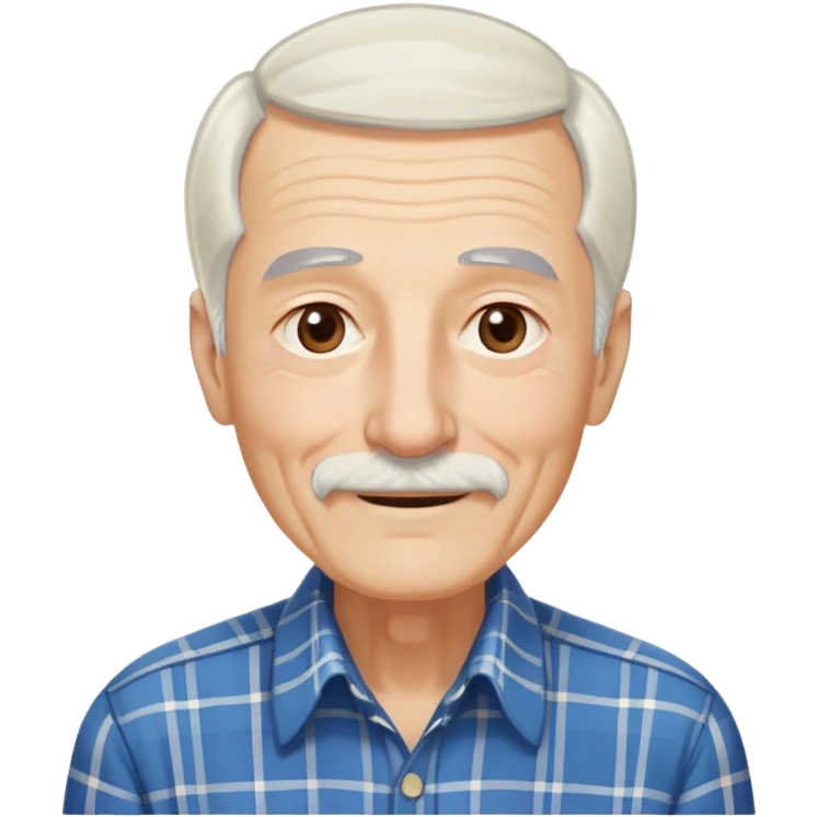 Elderly thin man with light skin. Elongated face with kind smile. Long straight white hair reaching down to chest, with some bangs. Light brown eyes. Thin eyebrows. White goatee and mustache. Very slim build. Wearing a blue and beige plaid shirt. emoji