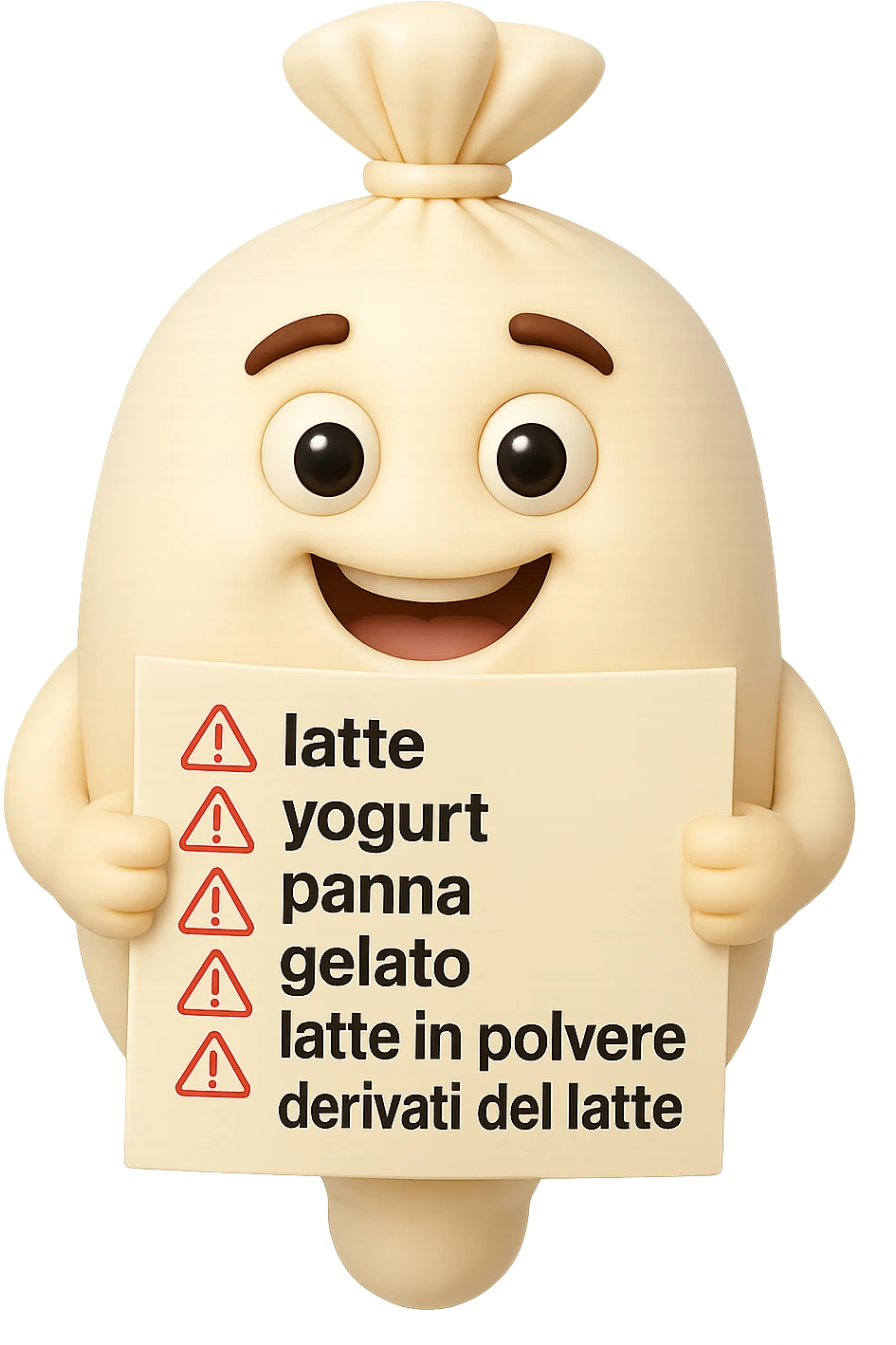 SU QUESTO STILE FAI UN EMOJI STILE IPHONE 3D DI UNa busta di mozzarelle con ETICHETTA CON GLI INGREDIENTI SCRITTI, "latte, yogurt, panna, gelato, latte in polvere, derivati del latte." accanto ad ogni nome scritto mettici un segnale di allarme, FALLO MOLTO REALISTICO IN 3D emoji