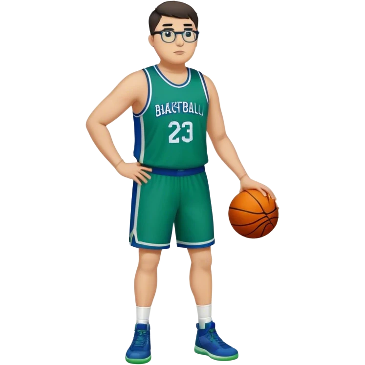 Full Body plus size white male with dark short hair basketball player wearing glasses wearing blue green uniform emoji