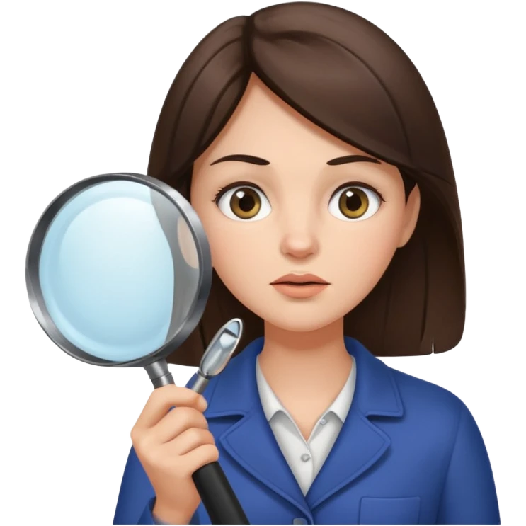 A brunette woman holding a large magnifying glass and squinting at something to intently emoji