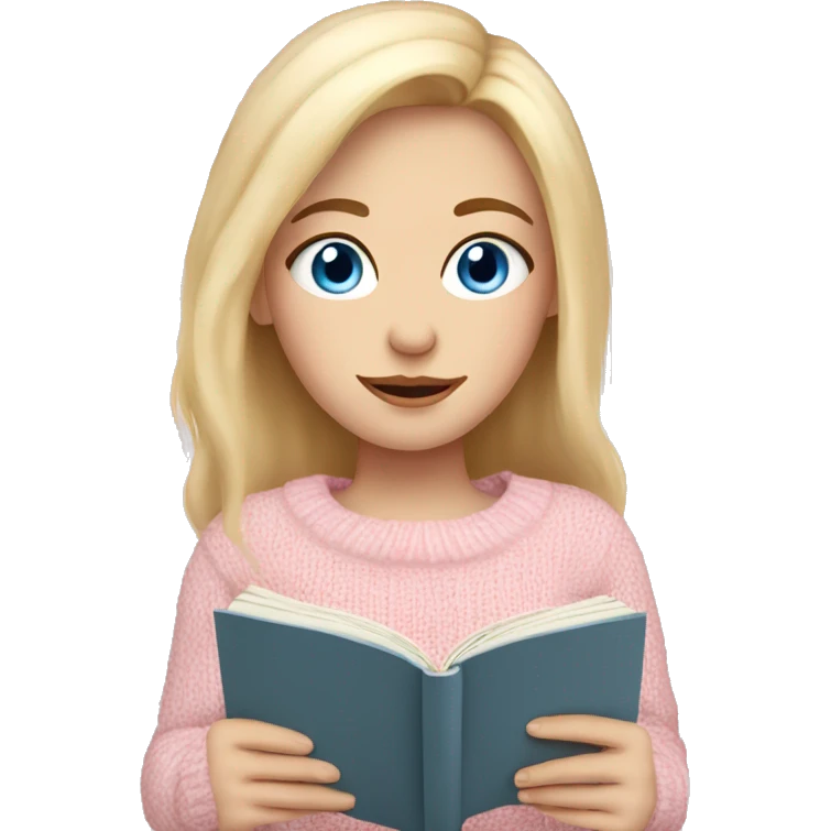 Pretty blue eyed white girl with light pink sweater reading cozy emoji