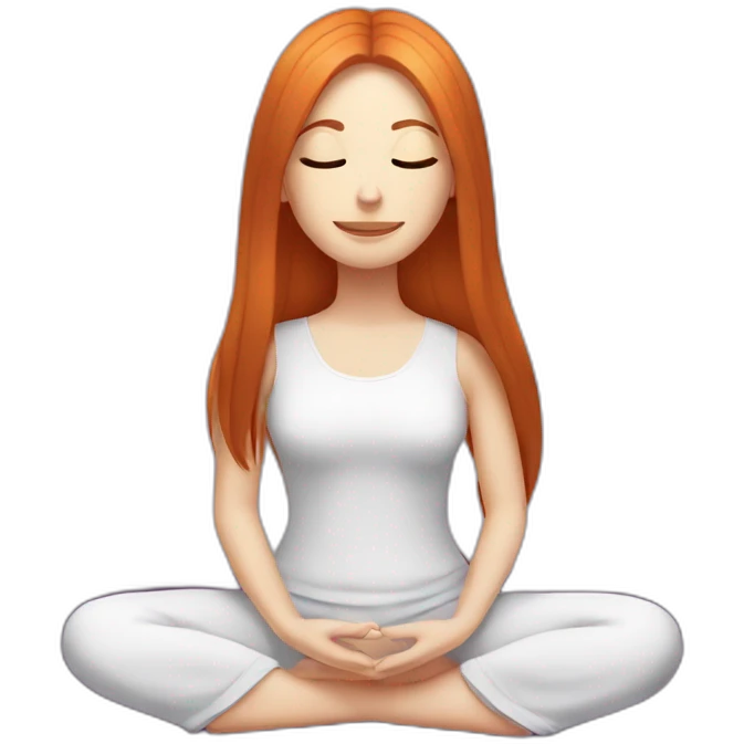 redhead white woman long medium straight hair, meditating on a violet blanket emoji