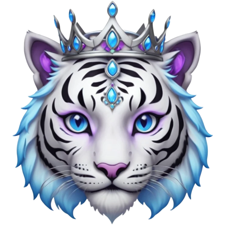 ESO Female white/black tiger khajiit leader of the umbral rose, glowing blue eyes, glowing blue 'third eye' gem; silver crown/tiara with purple gems emoji