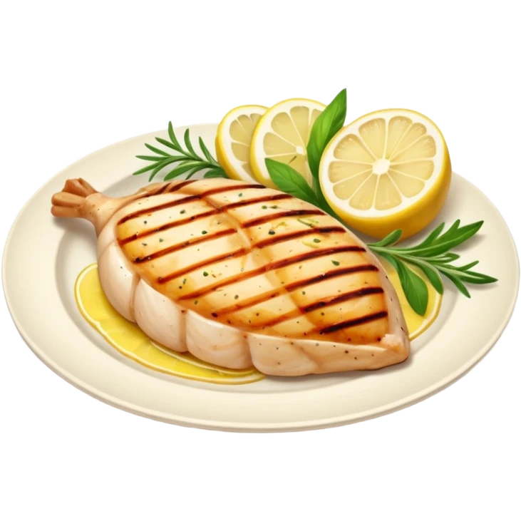 Draw a grilled chicken breast on a plate with herbs & lemon slices. emoji