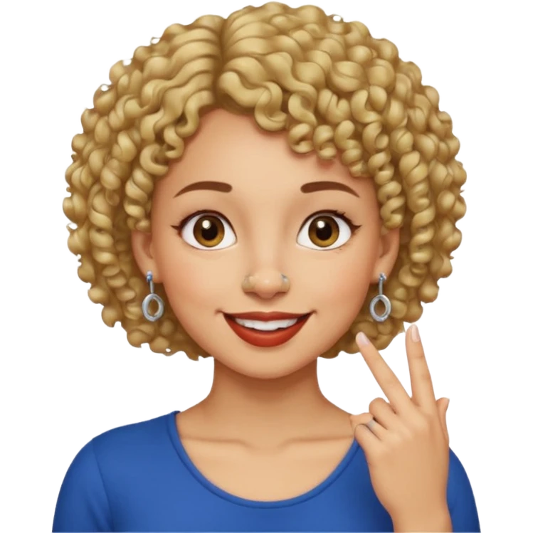 faça uma mulher com o cabelo curtinho cacheado com piercing no nariz e brincos e o dedo indicador no canto da boca emoji