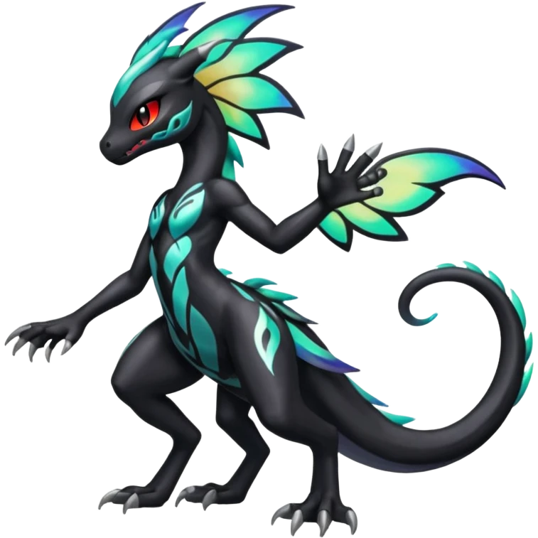 Colorful Shiny Meloetta-Venom-Zekrom-Salandit-fusion, full body, tribal markings  emoji