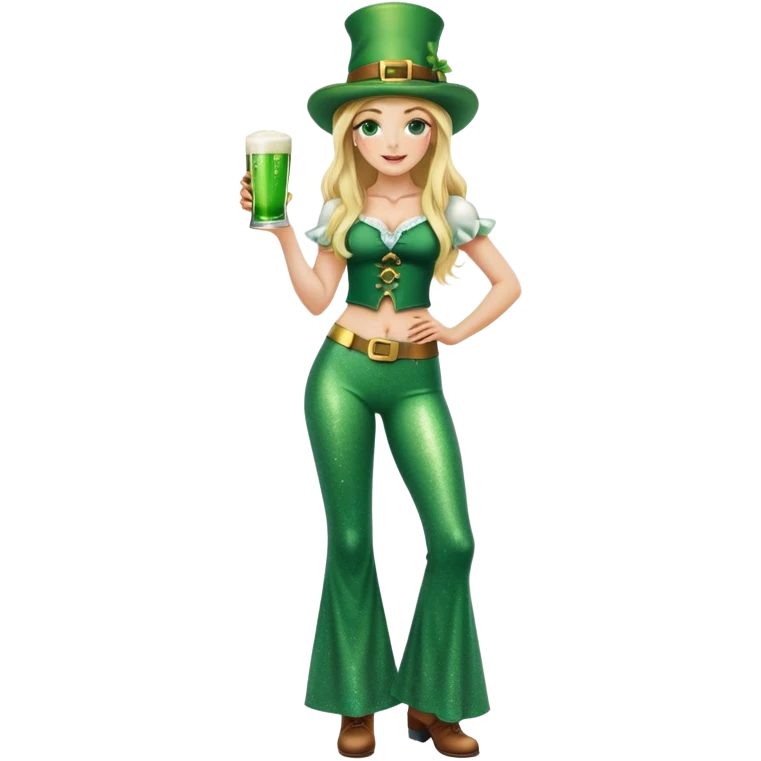 Blonde haired pretty woman with freckles glittery green bell bottoms and tall leprechaun hat holding a green beer emoji