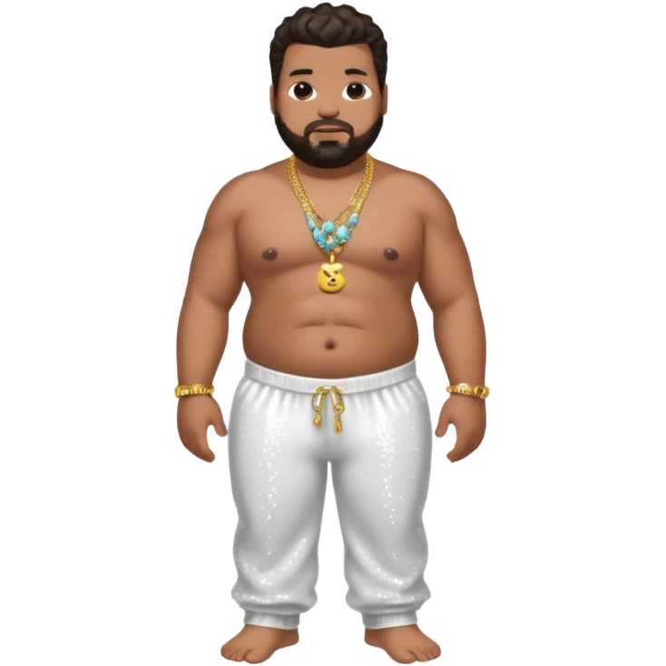 Fatman Scoop with dark brown hair, white sequin baggy pants, shirtless with necklace emoji