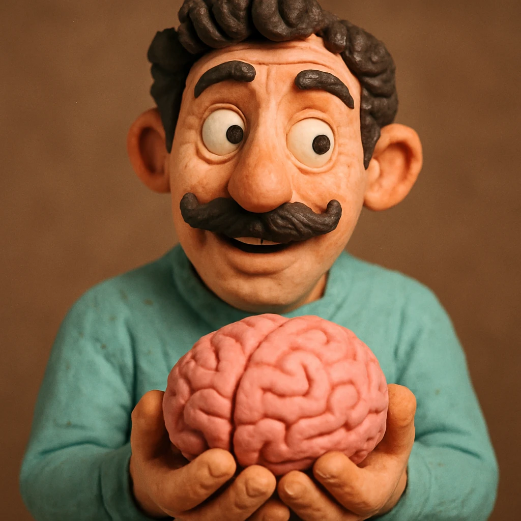 Enhance the claymation man holding a brain by adding more depth and dimension to the image. Make him more attractive and quirky, inspired by the first version, with dark curly hair, thick mustache, light skin, freckles, more movement, claymation style, visible fingerprints, and pastel colors. emoji